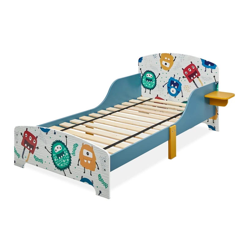 Relaxdays Children Bed Frame, Child Cot, HBT 60 x 94 x 143 cm, With storage, Fall-out Protection, Monster Motif, MDF
