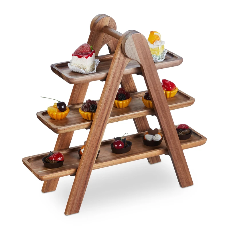 Relaxdays Etagere, 3 Tier, Acacia Wood, Foldable Frame, Snack Display, HWD: 38 x 41 x 15 cm, Rustic Serving Stand, Brown