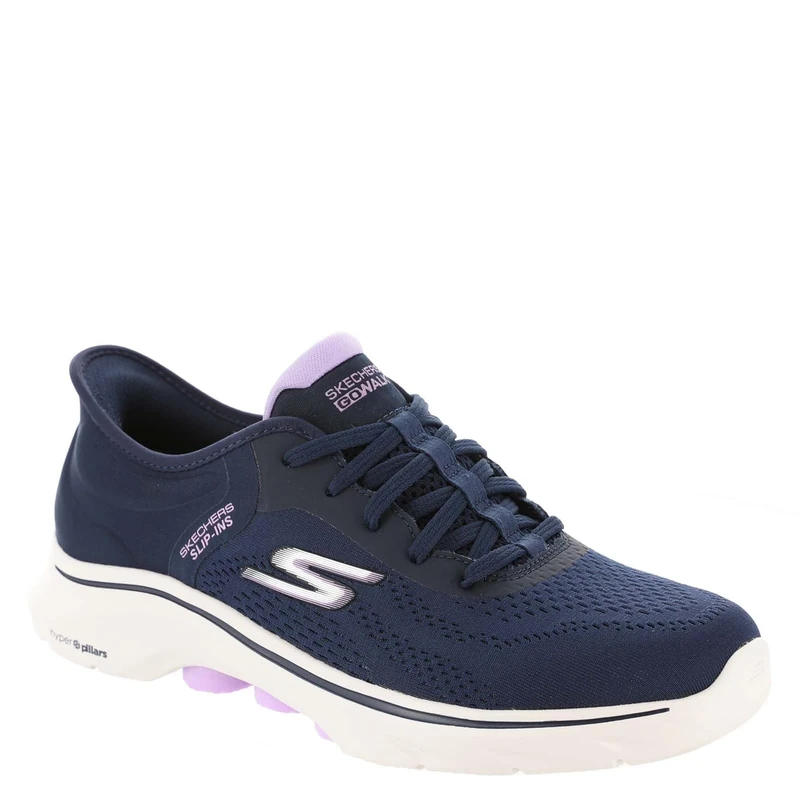 Skechers Women's Go Walk 7 Valin Slip-On Sneakers, Navy Textile/Lavender Trim, 6.5 UK