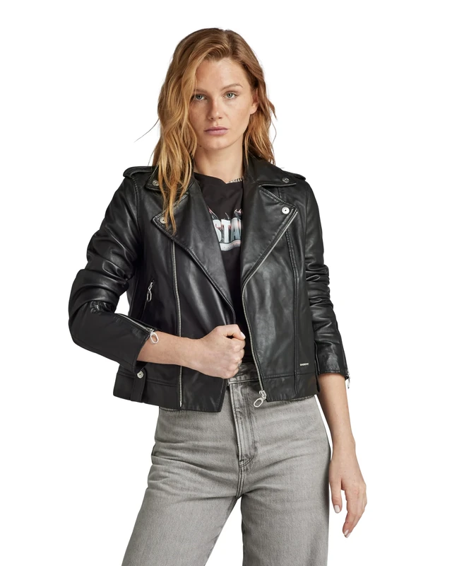 G-Star Women's Leather Biker Jacket , Black (dk black D24263-D555-6484), L