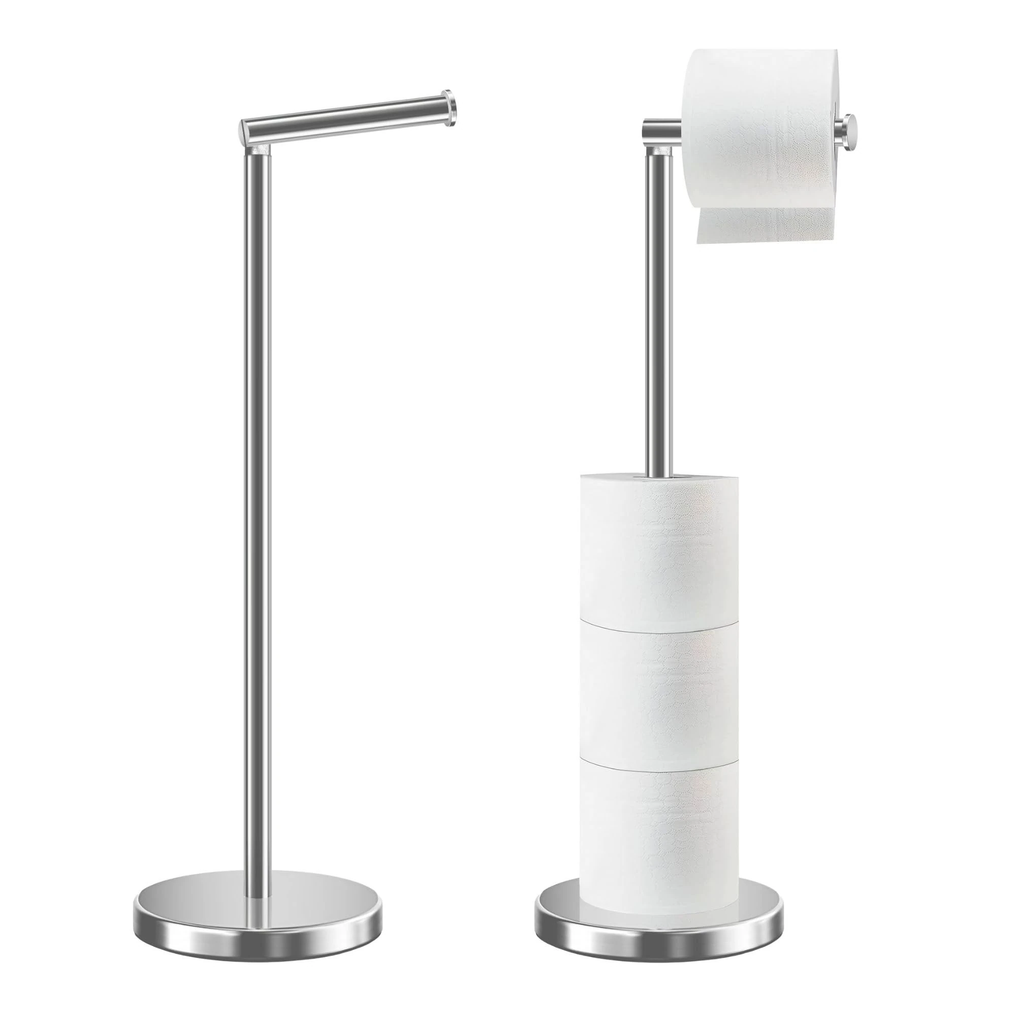 HOMEZI Toilet Roll Holder Free Standing with HEAVY BASE, Premium Toilet Roll Stand, Stainless Steel loo roll holder for Bathroom 2 in 1 Holder and Storage for 5 Rolls - Chrome