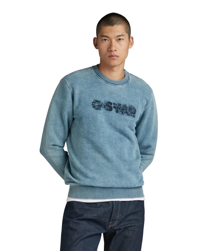 G-Star Men's Indigo Distressed Logo Sweater, Blue (sun faded blue D24410-D583-A587), XS