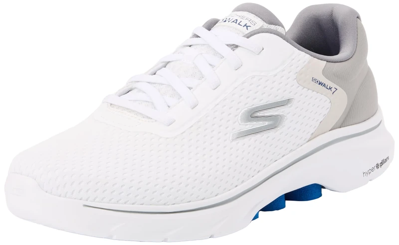 Skechers Mens Go Walk 7 Construct Trainers, White and Grey Textile Synthetic, 6 UK
