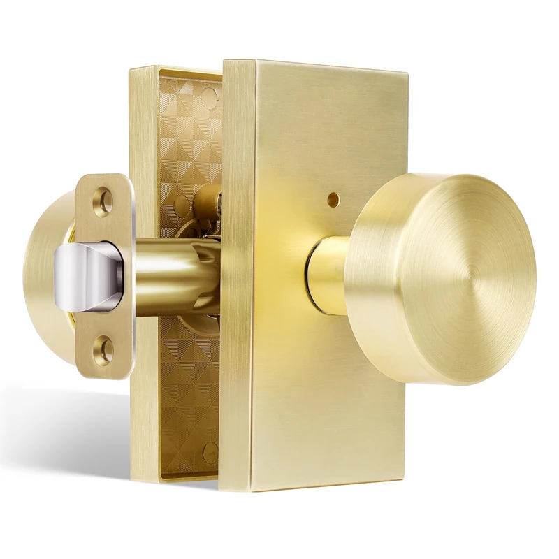 HIEMEY Privacy Gold Door Knob Interior, Satin Brass Door Knobs with Lock, Modern Round Door Handles for Bedroom Bathroom,Rectangle Rosette