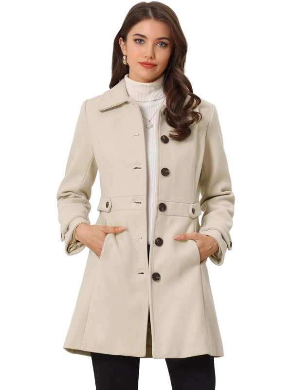 Allegra K Women's Winter Classic Outwear Overcoat with Pockets Single Breasted Pea Coat, Beige, L - Image 1