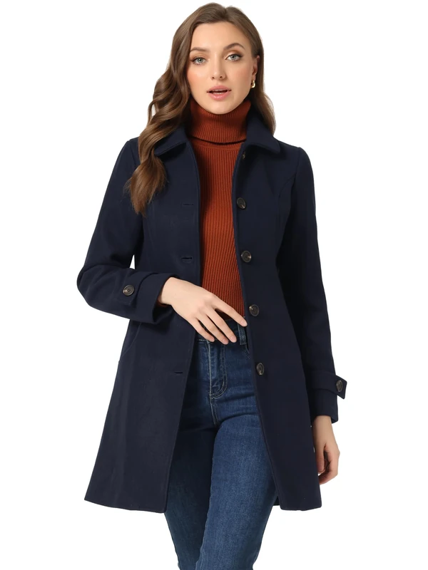 Allegra K Women's Winter Outerwear Overcoat Peter Pan Collar Mid-thigh A-line Single Breasted Pea Coat, Navy Blue, L