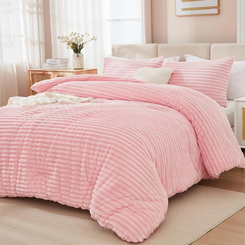 Andency Fluffy King Size Comforter Set, Pink Fleece Faux Fur Bedding Set