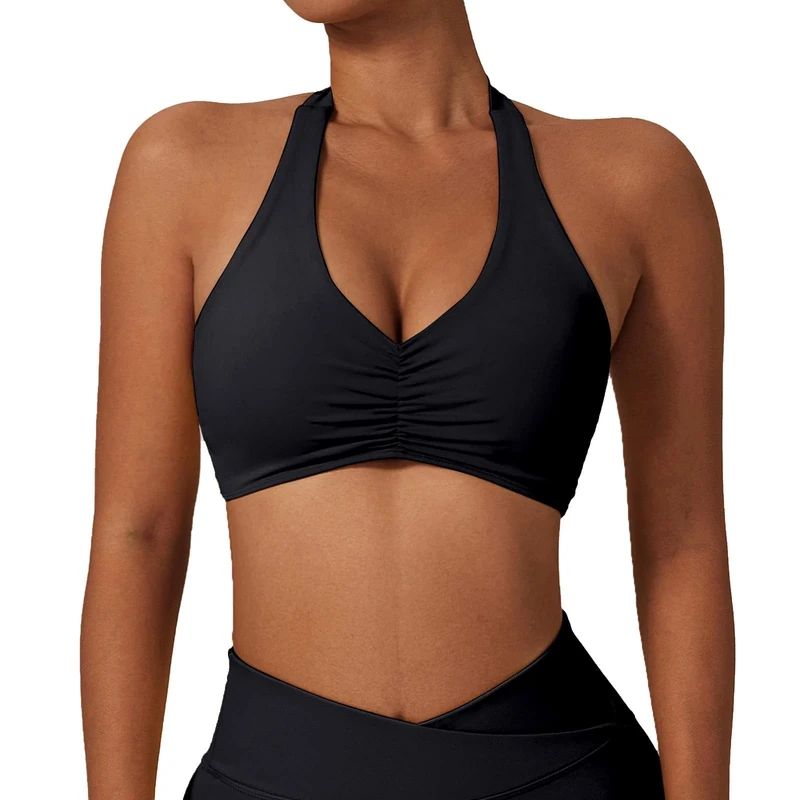 Litthing Sports Bras Women Sexy Halter Neck Bras Solid Color Gym Bralettes Quick Drying Elastic Yoga Bra Mid Impact Support Running Bra with Removal Pads for Workout Fitness Casual Black