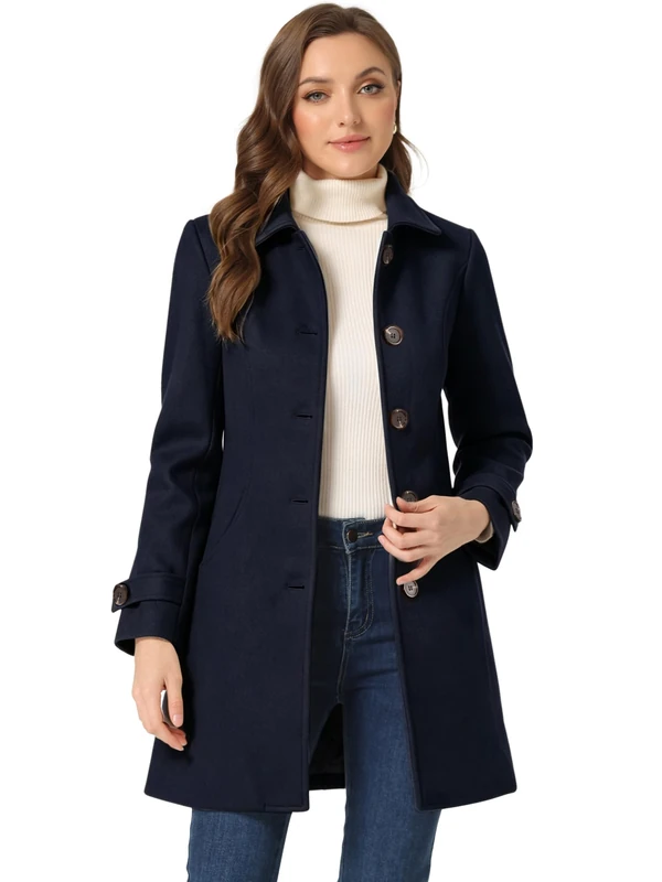 Allegra K Women's Winter Outerwear Overcoat Peter Pan Collar Mid-thigh A-line Single Breasted Pea Coat, Navy Blue, XL