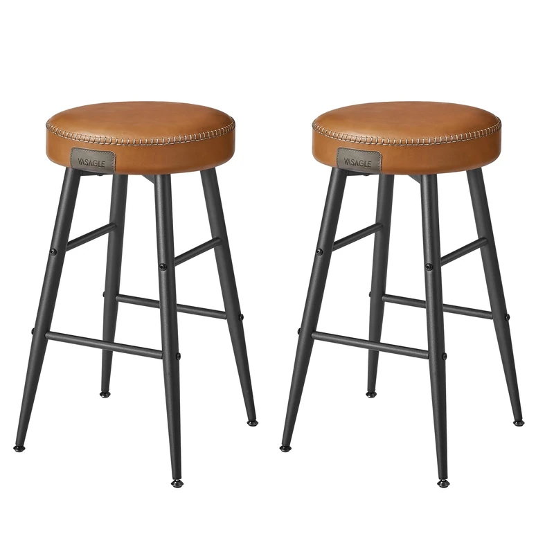 VASAGLE EKHO Collection - Bar Stools Set of 2, Kitchen Counter, Breakfast, Synthetic Leather with Stitching, Mid-Century Modern, 63 cm Tall, Home Bar, Easy Assembly, Caramel Brown