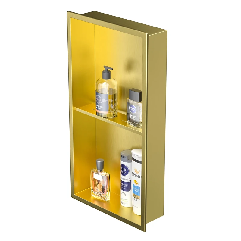 Bernkot Stainless Steel Shower Niche 24" X 12" Gold No Tile Needed Wall Niche Double Shelves Recessed Shower Shelf for Bathroom Storage Over Mount Installation