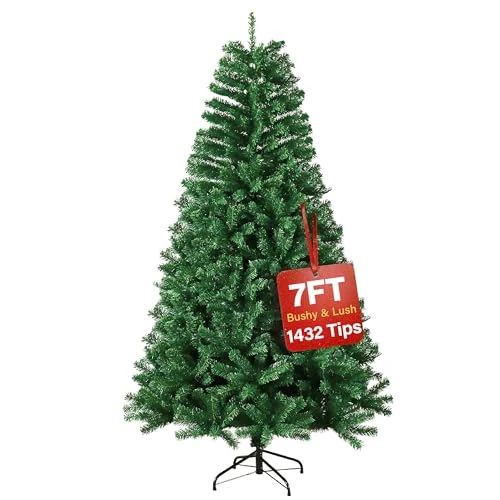 7ft Premium Christmas Tree 1432 Branch Tips Green Xmas Trees Bushy Artificial Christmas Tree Pine Tree with Metal Stand Easy to Assemble Realistic Spruce Branches Christmas Tree for Indoor and Outdoor