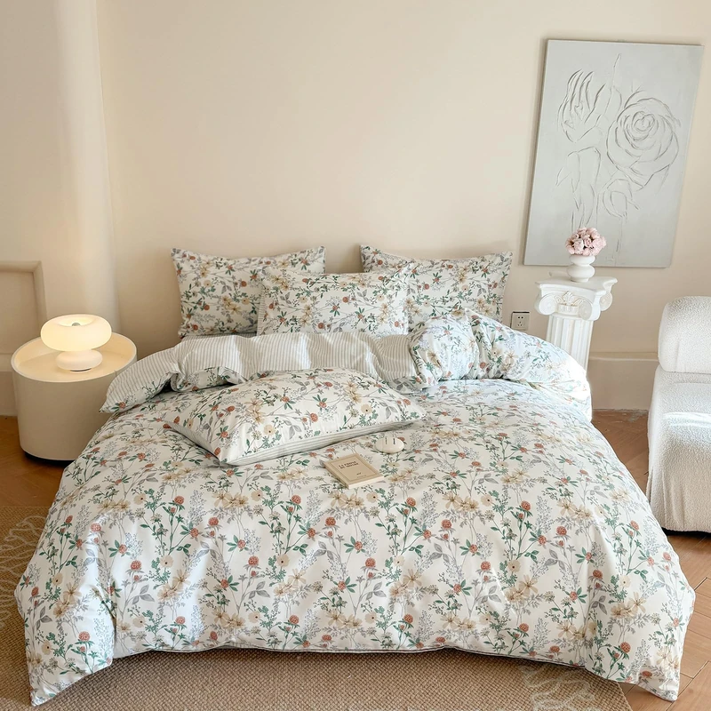 EAVD Ruffle Duvet Cover King Soft 100% Cotton Garden Floral Duvet Cover with Zipper Closure Chic Vintage Style Botanical Floral Bedding Set with 2 Pillowcases Corner Ties (EAFL014-K)