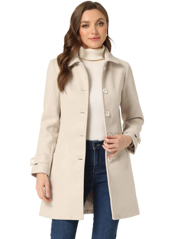 Allegra K Women's Winter Outerwear Coat Peter Pan Collar Mid-Thigh A-line Single Breasted Pea Coat, beige, S