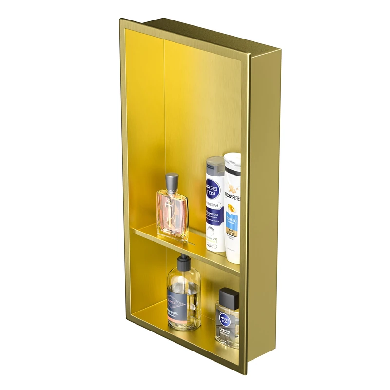 Bernkot Stainless Steel Shower Niche 12" X 24" Gold No Tile Needed Wall Niche Double Shelves Recessed Shower Shelf for Bathroom Storage Over Mount Installation