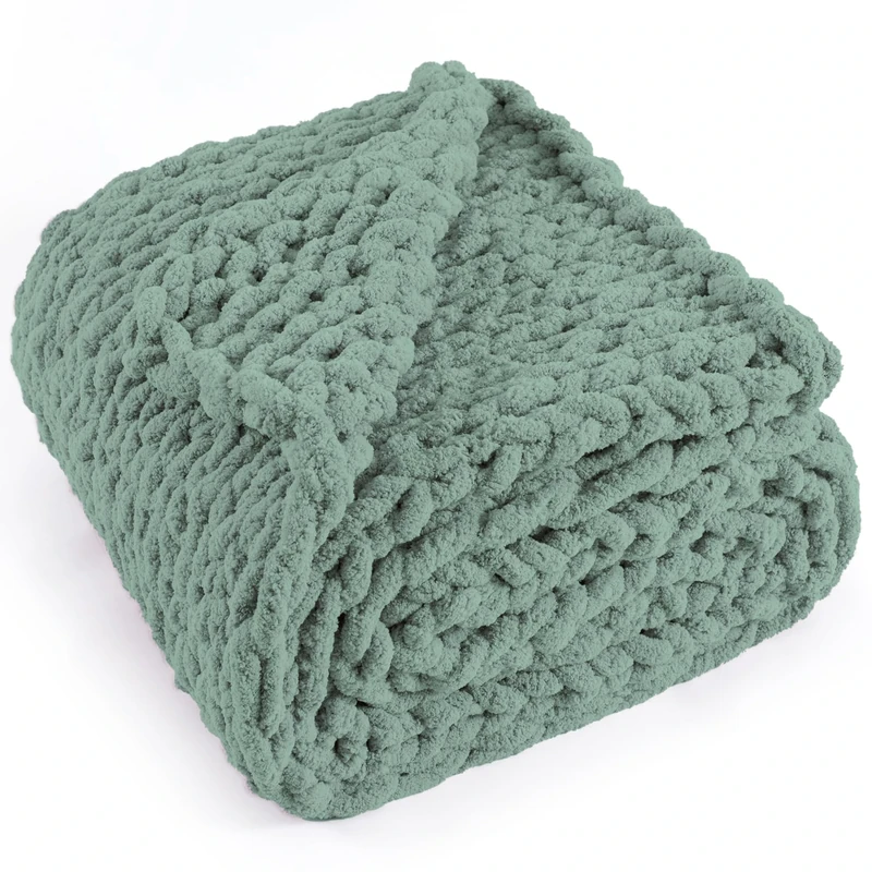 LONG CREATE Chunky Knit Throw Blanket 50"X 60", 100% Handmade with Soft Chenille Yarn, 4.4lbs Thick Cable Knitted Blankets, Large Rope Knot Crochet Throws for Couch Sofa Bed Home Decor, Sage Green
