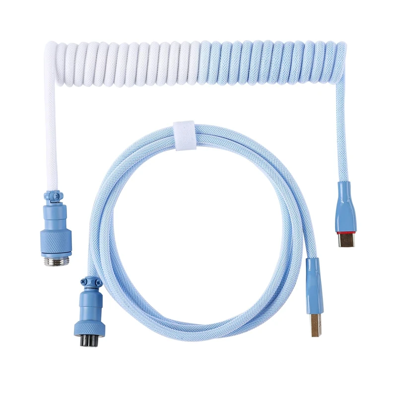 EPOMAKER MIX SE Coiled USB C Cable, 1.5m Double Sleeved Cable for Mechanical Keyboard, with Detachable 4-Pin Aviator Connector for Gaming Keyboard (Blue&White)