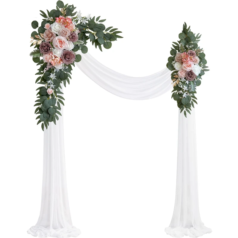 Olalaka Dusty Rose Artificial Wedding Arch Flowers Kit (Pack of 3) with 26Ft White Shiny Arch Draping Fabric for DIY Wedding Party Ceremony Reception Backdrop Floral Decoration