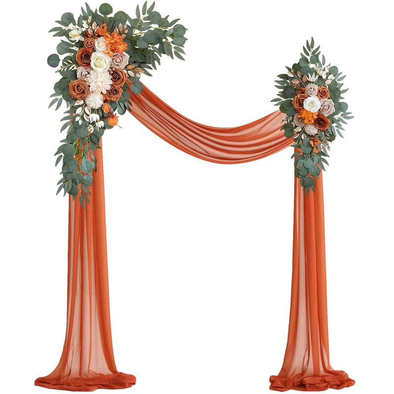 Olalaka Burnt Orange Artificial Wedding Arch Flowers Kit (Pack of 3) with 26Ft Terracotta Shiny Arch Draping Fabric for DIY Wedding Party Ceremony Reception Backdrop Floral Decoration