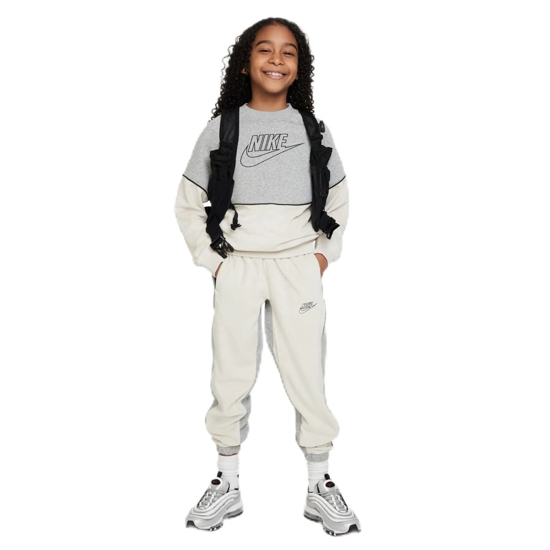 NIKE FD3161-063 B NSW AMPLIFY CREW Sweatshirt Boy's DK GREY HEATHER/LIGHT BONE/BLACK/BL Size XL