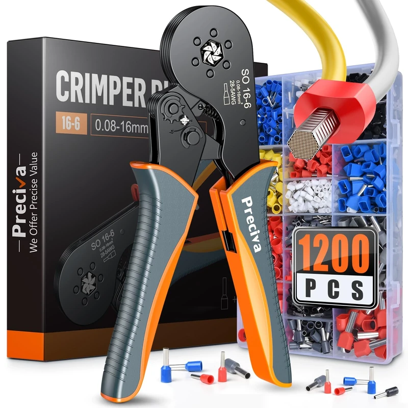 Preciva 0.08-16mm²/AWG 28-5 Crimping Tools, Wire Crimping Tool, Self-Adjsutable Ratchet Crimping Pliers, 16mm Bootlace Ferrule Crimping Tool, Gray&Orange (6 Side with Ferrules(0.08-16mm²))