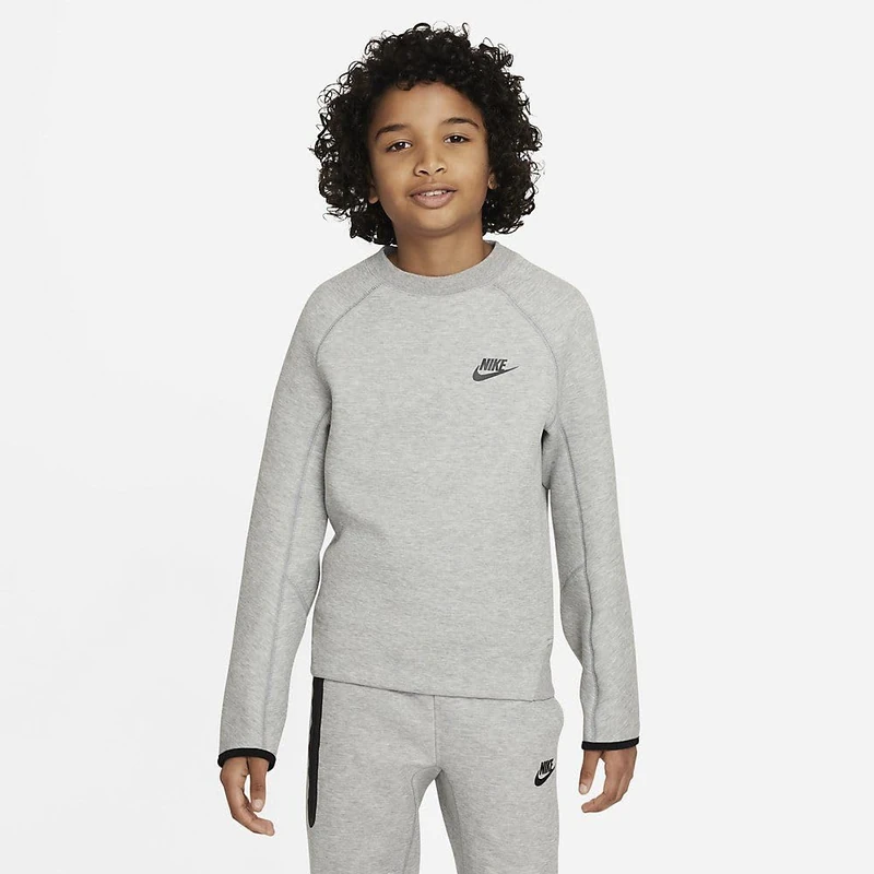 NIKE FD3293-063 B NSW TECH FLC CREW Sweatshirt Boy's DK GREY HEATHER/BLACK/BLACK Size XS