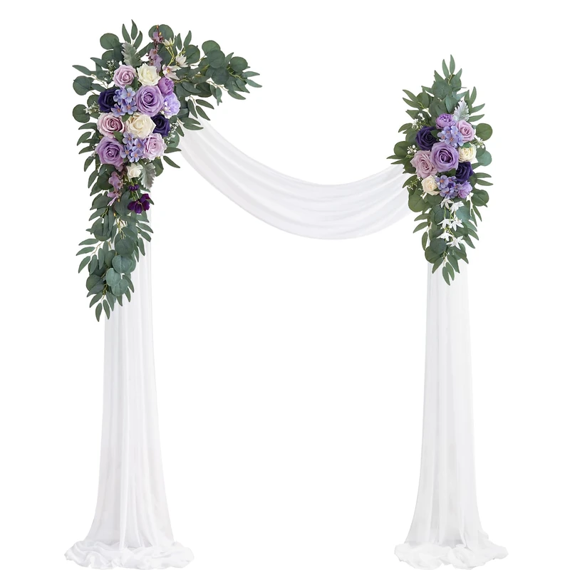 Olalaka Lilac Artificial Wedding Arch Flowers Kit (Pack of 3) with 26Ft White Shiny Arch Draping Fabric for DIY Wedding Party Ceremony Reception Backdrop Floral Decoration