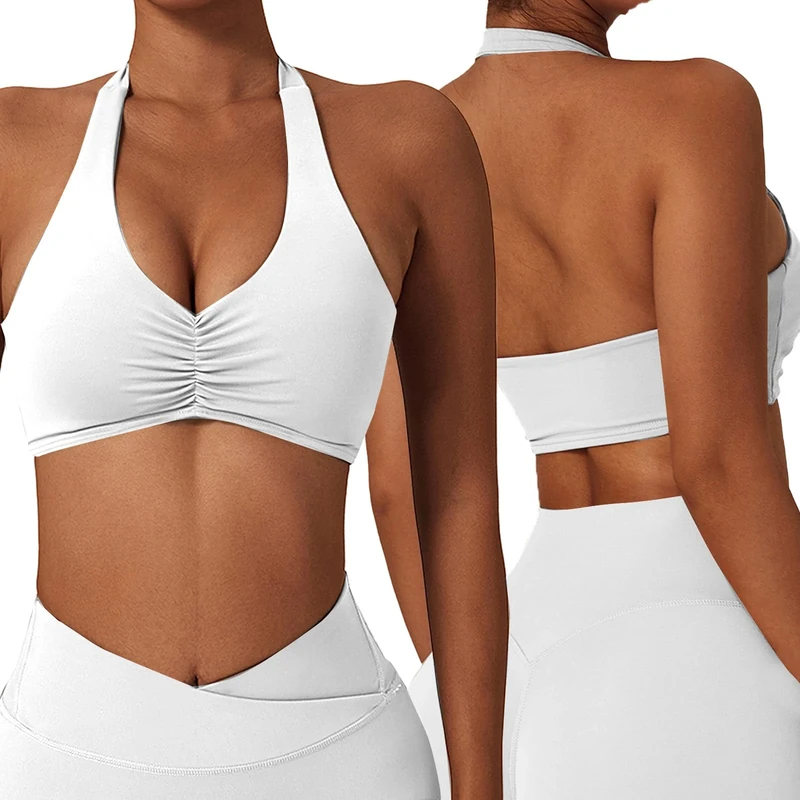 Litthing Sports Bras Women Sexy Halter Neck Bras Solid Color Gym Bralettes Quick Drying Elastic Yoga Bra Mid Impact Support Running Bra with Removal Pads for Workout Fitness Casual White