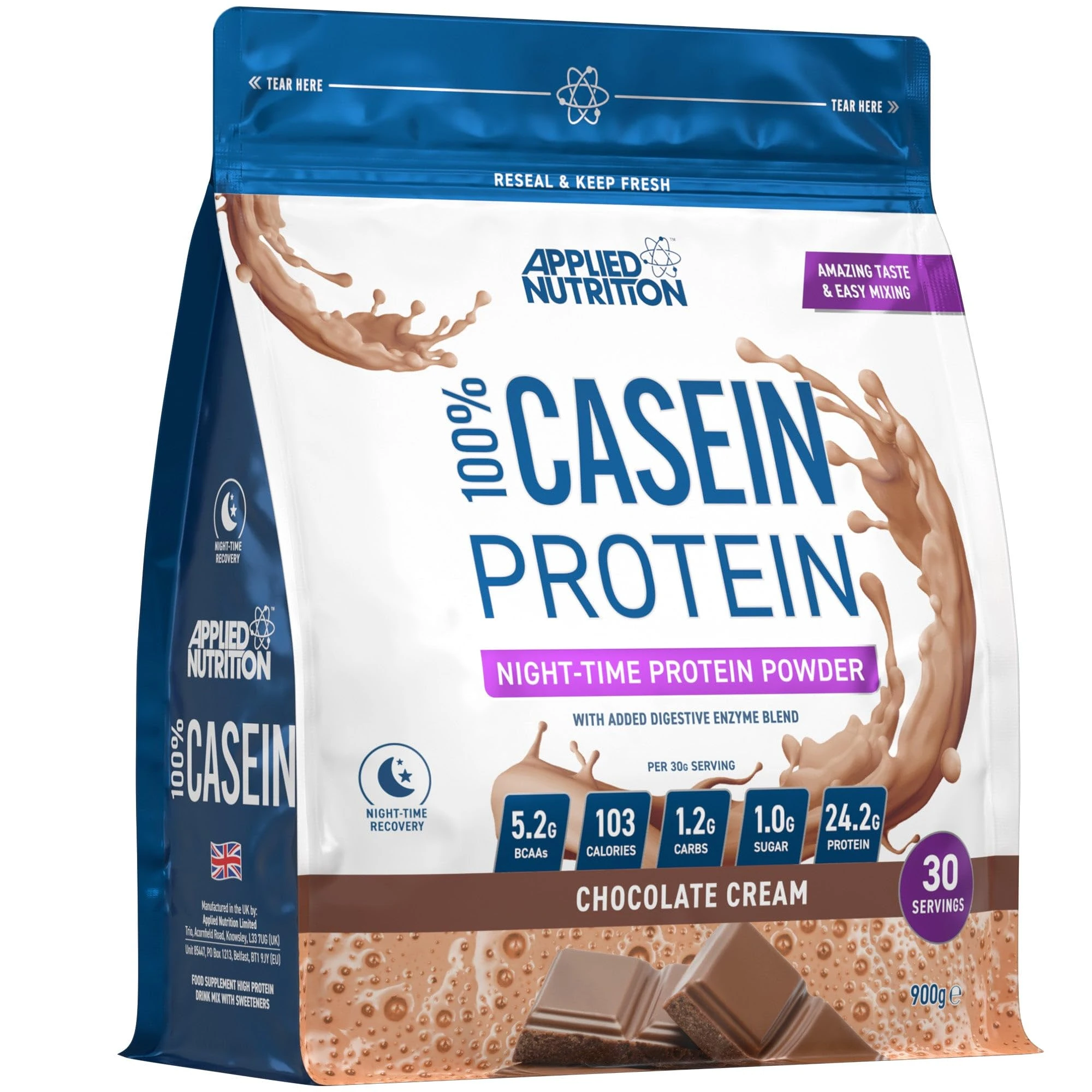 Applied Nutrition Casein Protein Powder - Micellar Casein Supplement, Slow Release Protein (900g - 30 Servings) (Chocolate Cream)