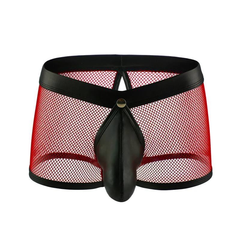 Drelaar Men's Detachable Pouch Underwear Sexy Transparent Fishnet Boxer Trunks Small Red