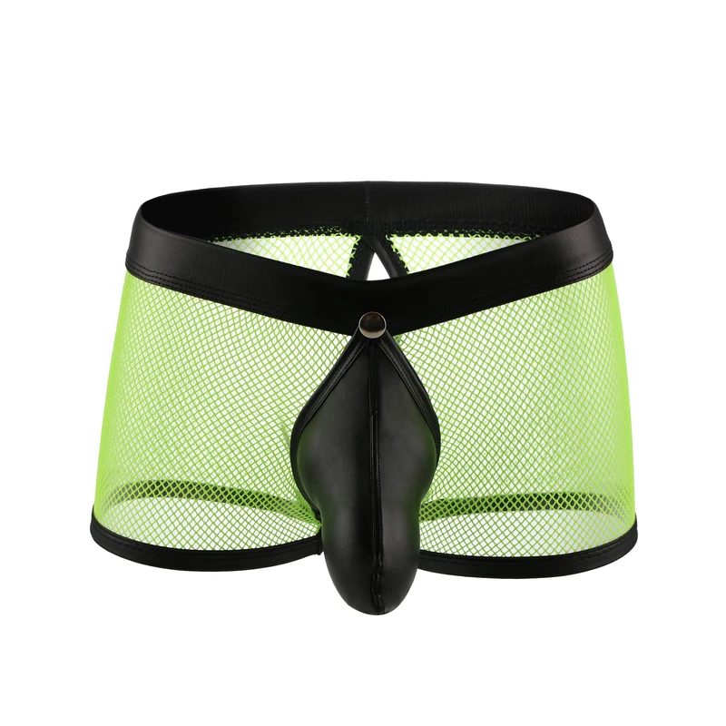 Drelaar Men's Detachable Pouch Underwear Sexy Transparent Fishnet Boxer Trunks Small Green