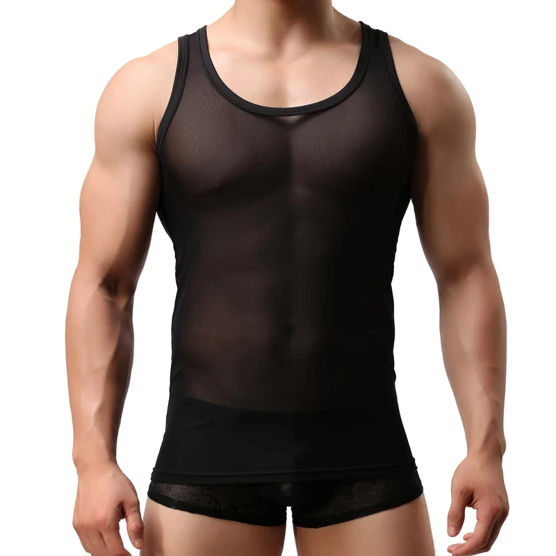 Drelaar Men's Elastic Mesh Breathable Sleeveless Tank Tops See Through Muscle Vest Large Black