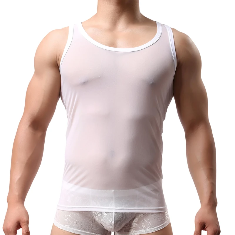 Drelaar Men's Elastic Mesh Breathable Sleeveless Tank Tops See Through Muscle Vest Large White