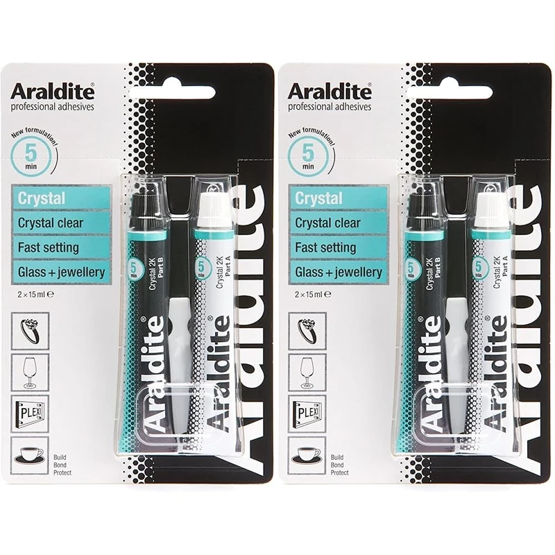 Araldite 2-Part Crystal Epoxy Resin Glue Clear Epoxy Resin Kit for Use as Ceramic Glue, Plastic Glue, Metal Glue and Glass Glue For Durable Bonding & Repairs 2 x 15ml (Pack of 2)