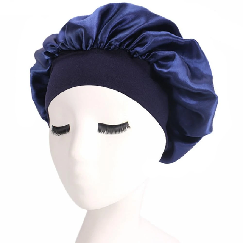 Hair Bonnet for Sleeping, Wide Elastic Band Satin Bonnet Silk Bonnet Shower Cap for Women Girls Makeup Hair Care Elastic Hat Soft Sleep Cap Satin Head Cover for Night Sleep Curly Hair Protection Navy
