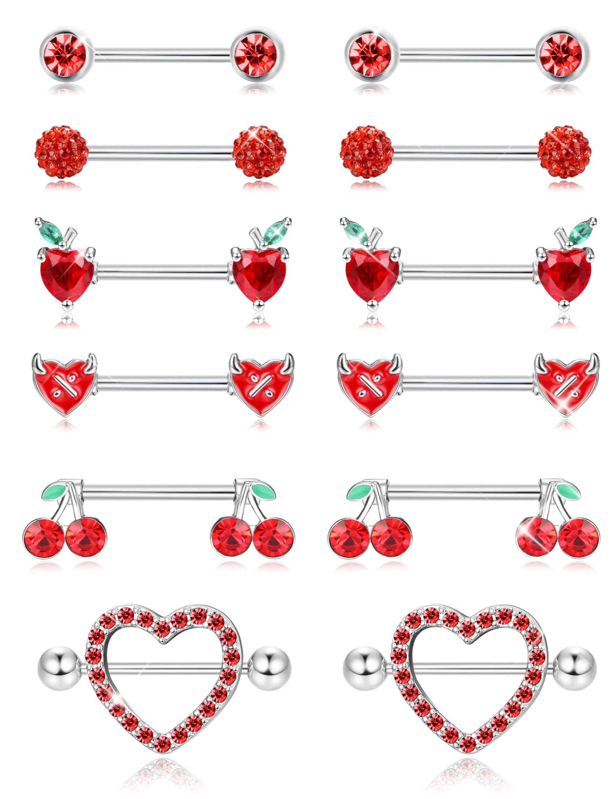 Kakonia 6 Pairs 14G Nipple Bars for Women 316L Stainless Steel Heart Butterfly Moon CZ Flower Barbell Nipple Rings Set Cute Nipple Piercing Jewellery
