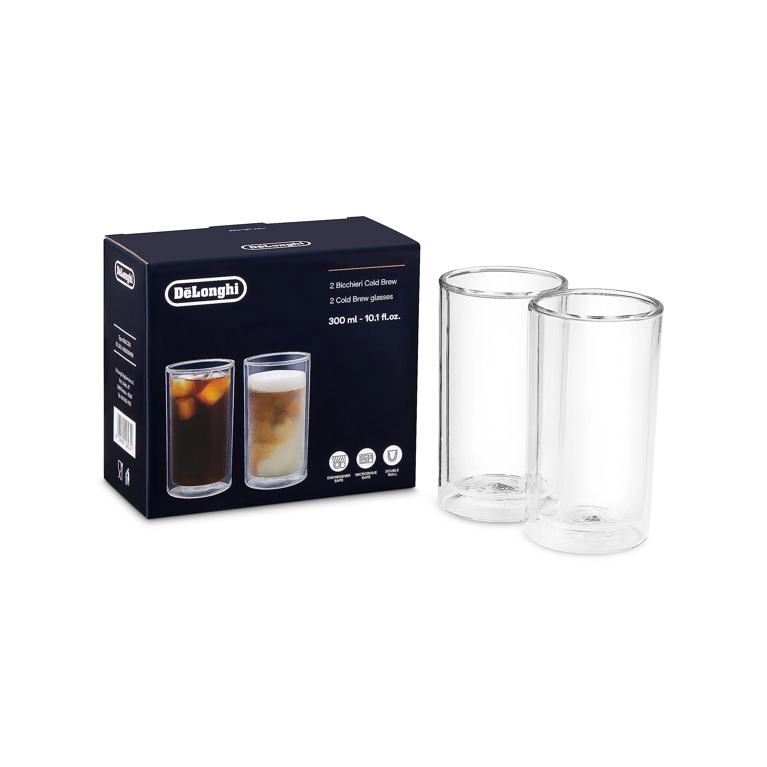 De'Longhi Cold Brew Glasses DLSC325 Double Walled Thermal Glasses, Set of 2, Dishwasher Safe, Capacity 300 ml, Ideal for Cold and Hot Coffee Drinks