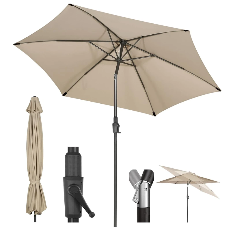 Sekey 270 cm Parasol with Crank and Auto Tilt, Market Umbrella for Patio, Balcony and Garden, Windproof, Stable UPF 50+, Taupe, Round