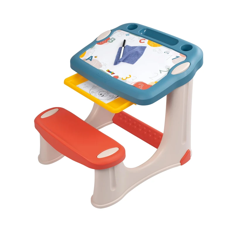 Smoby - Magic Desk - Desk for Children - Erasable Marker - 3 Storage Spaces + Sliding Drawer - 12 Accessories Included - From 2 Years Old - Made in France