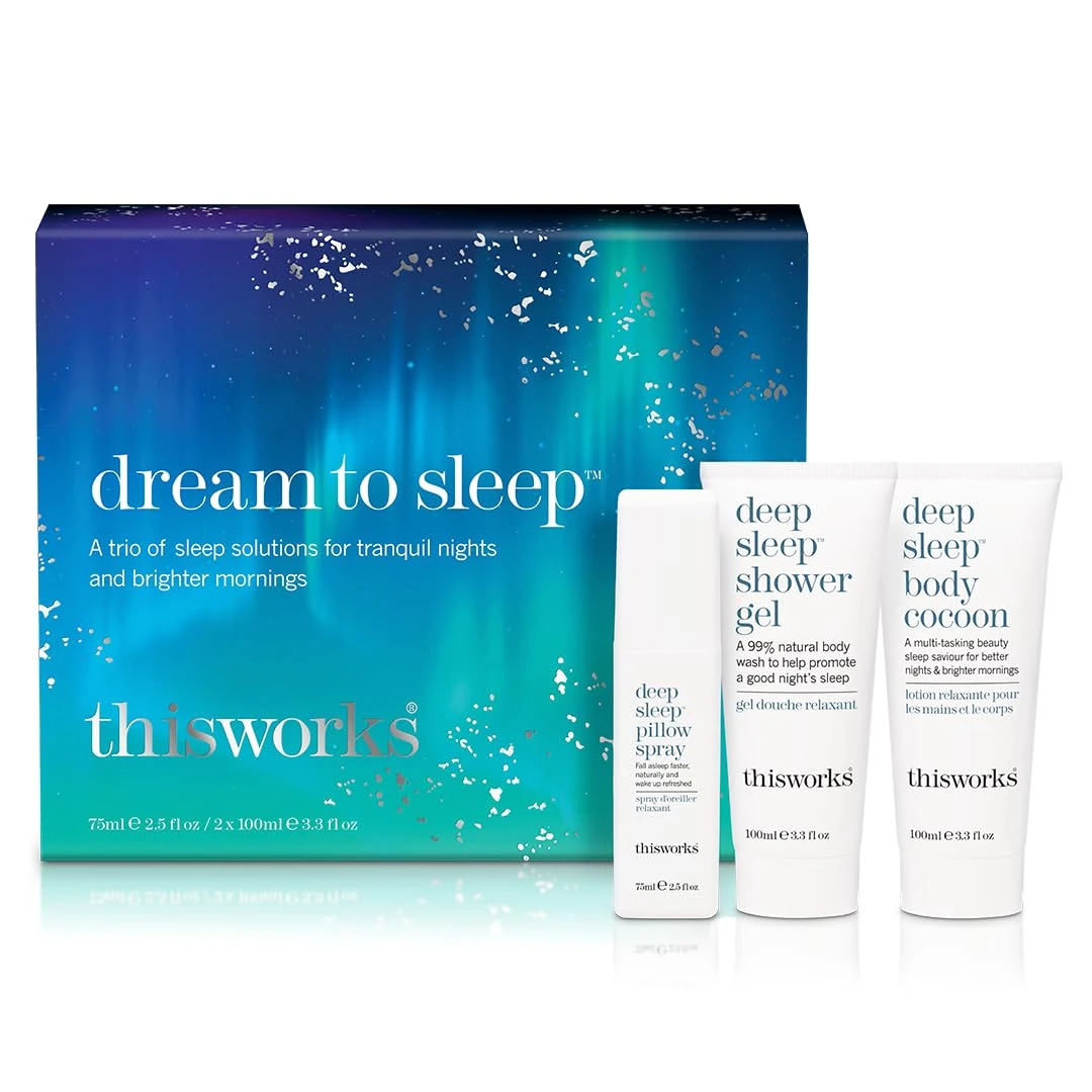 This Works Dream to Sleep Gift Set - Deep Sleep Pillow Spray, Shower Gel and Deep Sleep Body Cocoon Body Lotion - Self Care and Sleep Gifts for Women