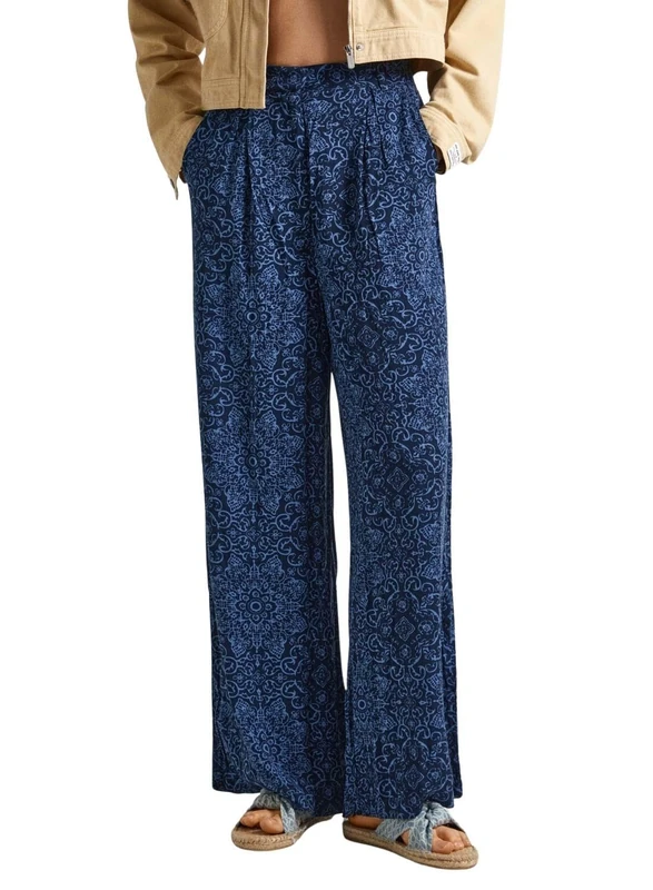 Pepe Jeans Women's Colette Print Trouser, Blue (Sea Blue), XL