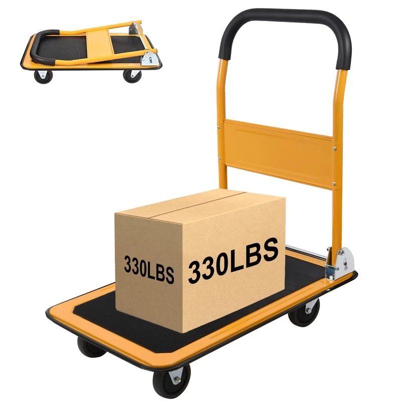 LEADALLWAY Platform Trolley Foldable Push Cart 150KG Capacity 4 Wheels 72.9x47x82cm Yellow