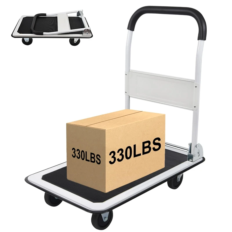 LEADALLWAY Platform Trolley Foldable Push Cart 150KG Capacity 4 Wheels 72.9x47x82cm White