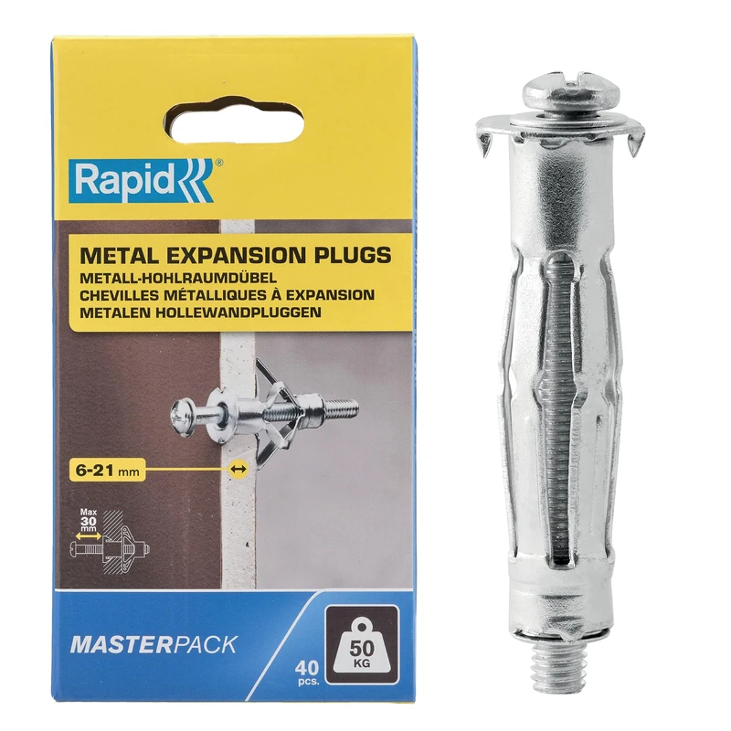 Rapid Heavy Duty Hollow Wall Anchors - Pack of 40, 6-21mm, 50kg Load