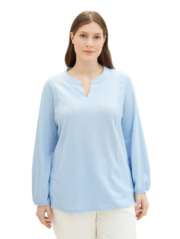 TOM TAILOR Women's Long-Sleeved T-Shirt, 34913 - Blue White Thin Stripe, 48 Große Größen
