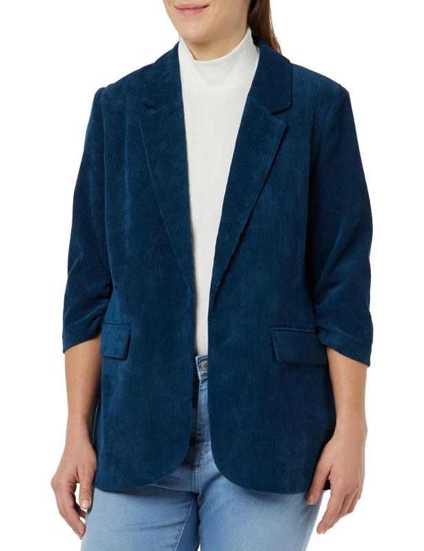 Cream Women's Blazer Open Front Notch Lapel 3/4 Sleeves Curduroy Fabric Pockets, Pitch Black, XS