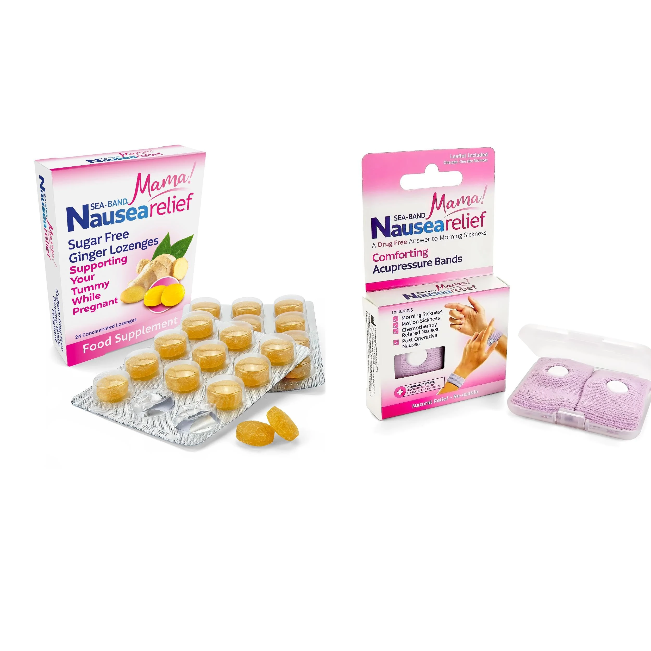 Sea-Band Mama! Motion Sickness, Nausea and Morning Sickness Relief, Ginger Lozenges and Acupressure Wristbands Bundle, (1 x Pack of 24 Ginger Lozenges and 1 x Pair of Adult Lilac)