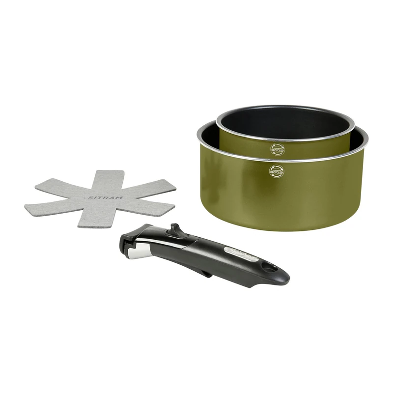 Sitram 715710 Set of 2 Saucepans Recycled Aluminium Diameter 16 cm and 20 cm Metallic Green Non-Stick Interior Coating PFOA Free + Removable Handle + 1 Felt - Suitable for All Heat Sources Including - Image 1