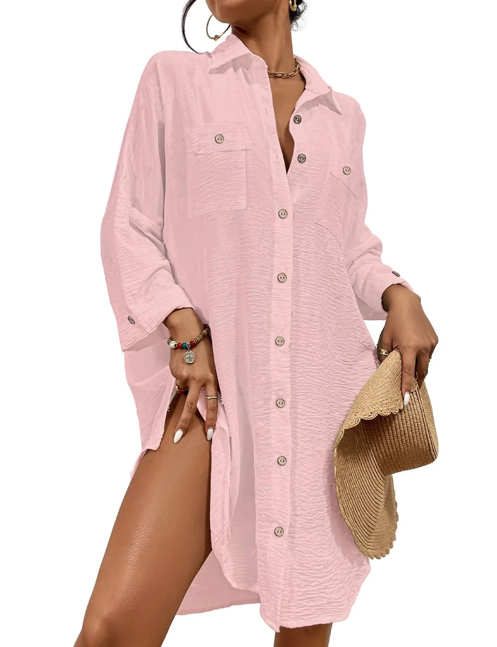 Bsubseach Modern Swimsuit Coverups for Women Button Down Beach Shirt Dress Tops Resort Wear Pink L