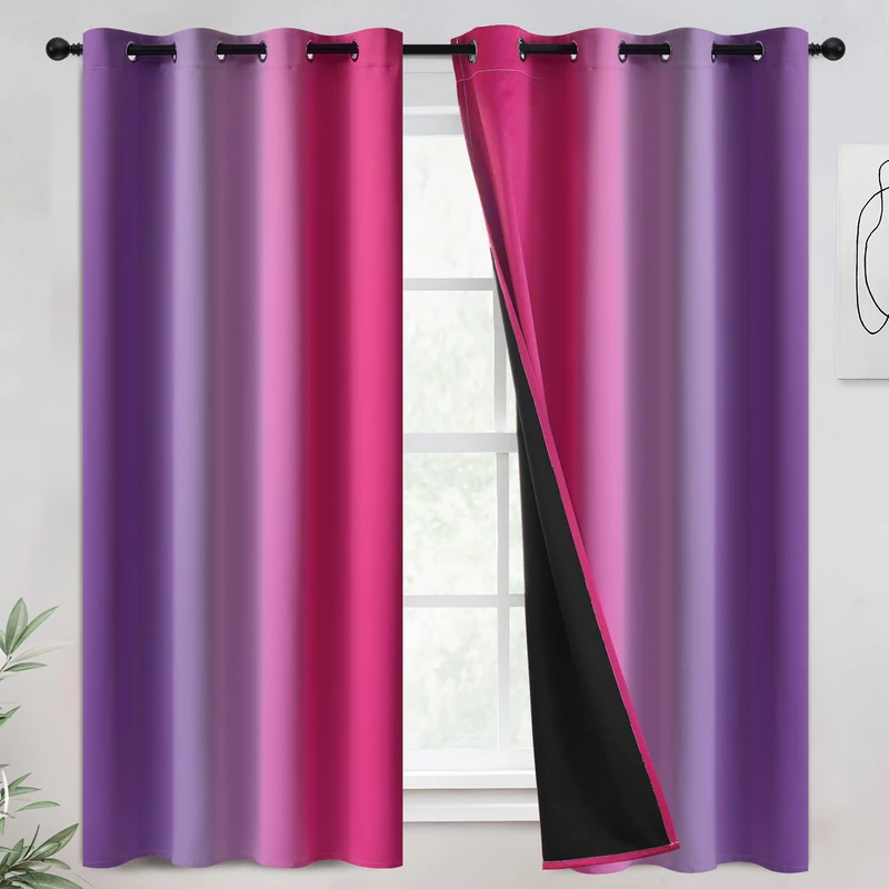 COSVIYA 100% Blackout Curtains & Drapes Pink Purple, 52x63 Inch, 2 Panels, Full Room Darkening, Grommet, Gradient, Insulated, Thermal, Bedroom/Living Room